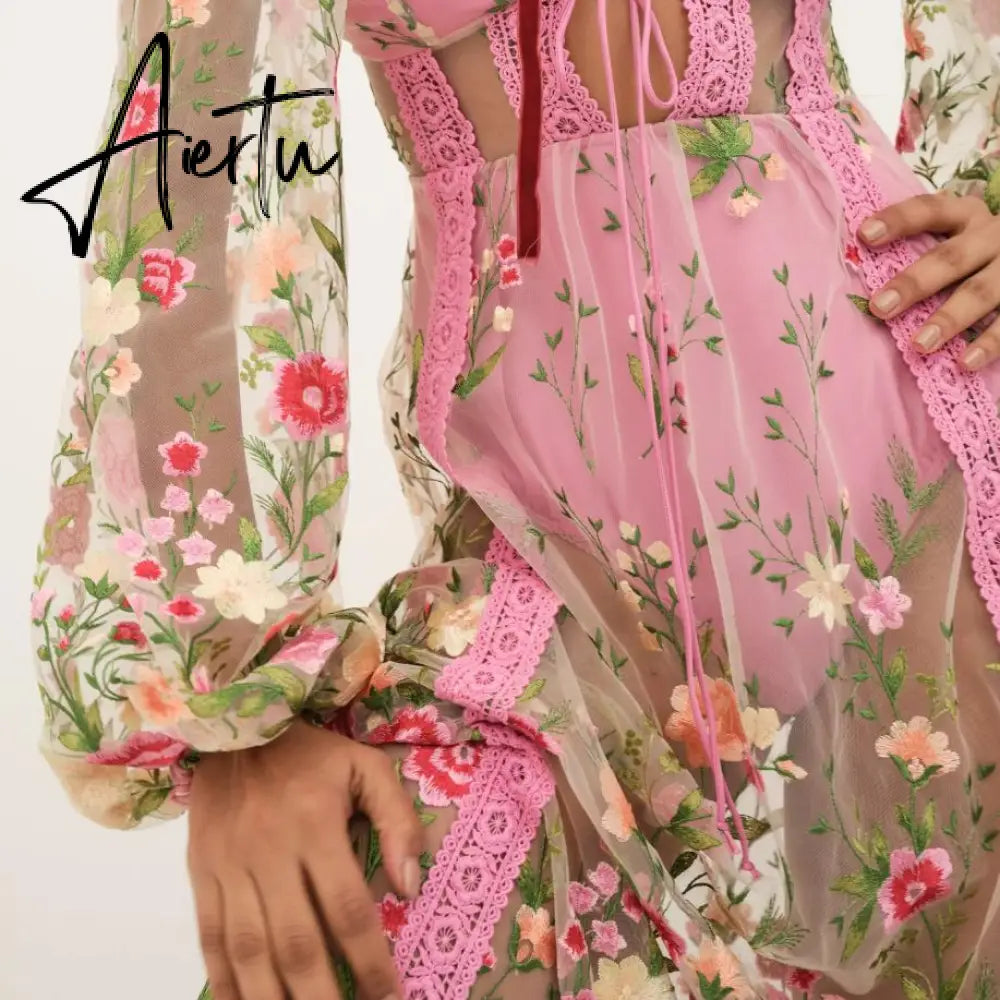 Women's Sexy Holiday Bikini Cover-Ups Beach Flower Embroidery Dress Long Sleeve Dress See Through Mesh Sheer Dresses Aiertu