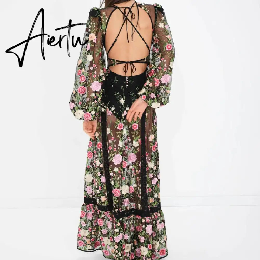 Women's Sexy Holiday Bikini Cover-Ups Beach Flower Embroidery Dress Long Sleeve Dress See Through Mesh Sheer Dresses Aiertu