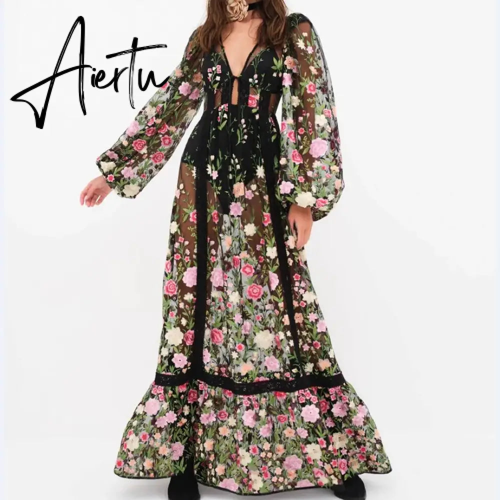 Women's Sexy Holiday Bikini Cover-Ups Beach Flower Embroidery Dress Long Sleeve Dress See Through Mesh Sheer Dresses Aiertu