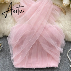 Women's Sexy Mesh Sheer Camis Hot Sweet Cross Bandage Fold RufflesTank Tops Summer Lacing Bow Off Shoulder Sleeveless Crop Top Aiertu