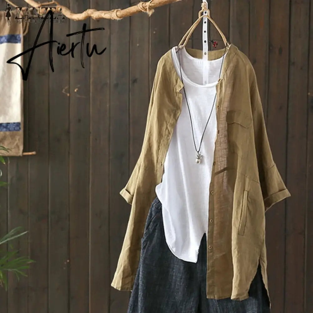 Womens Shirts  Vintage Cotton Tunic Casual Long Sleeve Shirt Button Cardigans Female Soid Patchwork Tops Aiertu