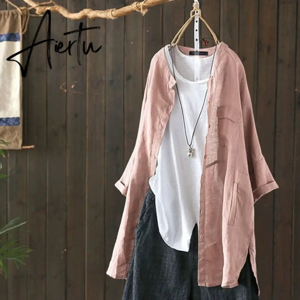 Womens Shirts  Vintage Cotton Tunic Casual Long Sleeve Shirt Button Cardigans Female Soid Patchwork Tops Aiertu