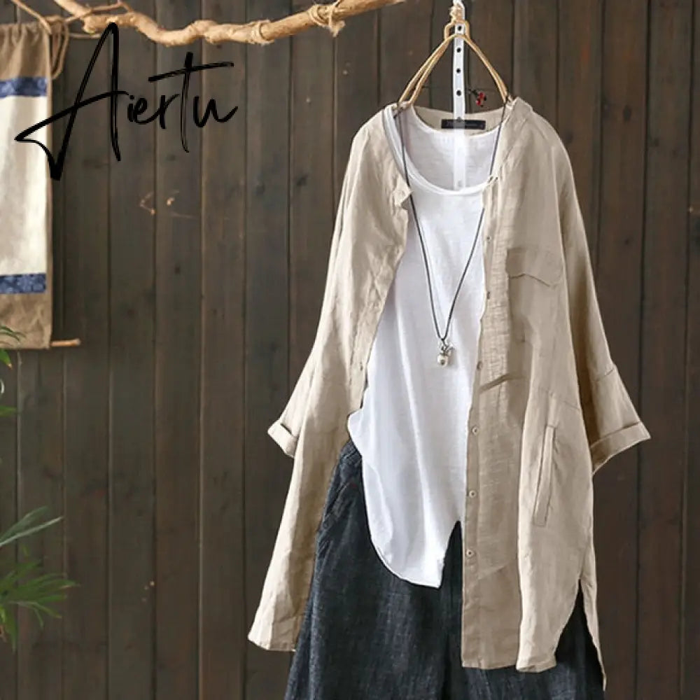 Womens Shirts  Vintage Cotton Tunic Casual Long Sleeve Shirt Button Cardigans Female Soid Patchwork Tops Aiertu