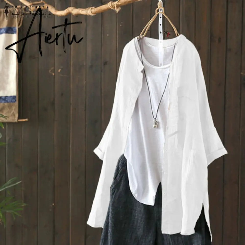 Womens Shirts  Vintage Cotton Tunic Casual Long Sleeve Shirt Button Cardigans Female Soid Patchwork Tops Aiertu