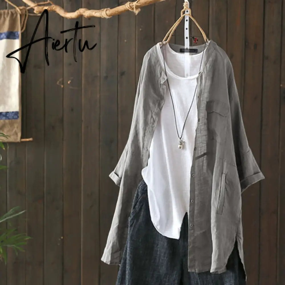 Womens Shirts  Vintage Cotton Tunic Casual Long Sleeve Shirt Button Cardigans Female Soid Patchwork Tops Aiertu