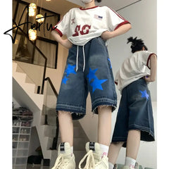 Women's Short Blue Summer Printing High Waist Jeans Y2K Baggy Straight Five Points Trousers Vintage Wide Leg Black Short Pants Aiertu