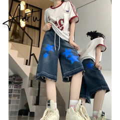 Women's Short Blue Summer Printing High Waist Jeans Y2K Baggy Straight Five Points Trousers Vintage Wide Leg Black Short Pants Aiertu