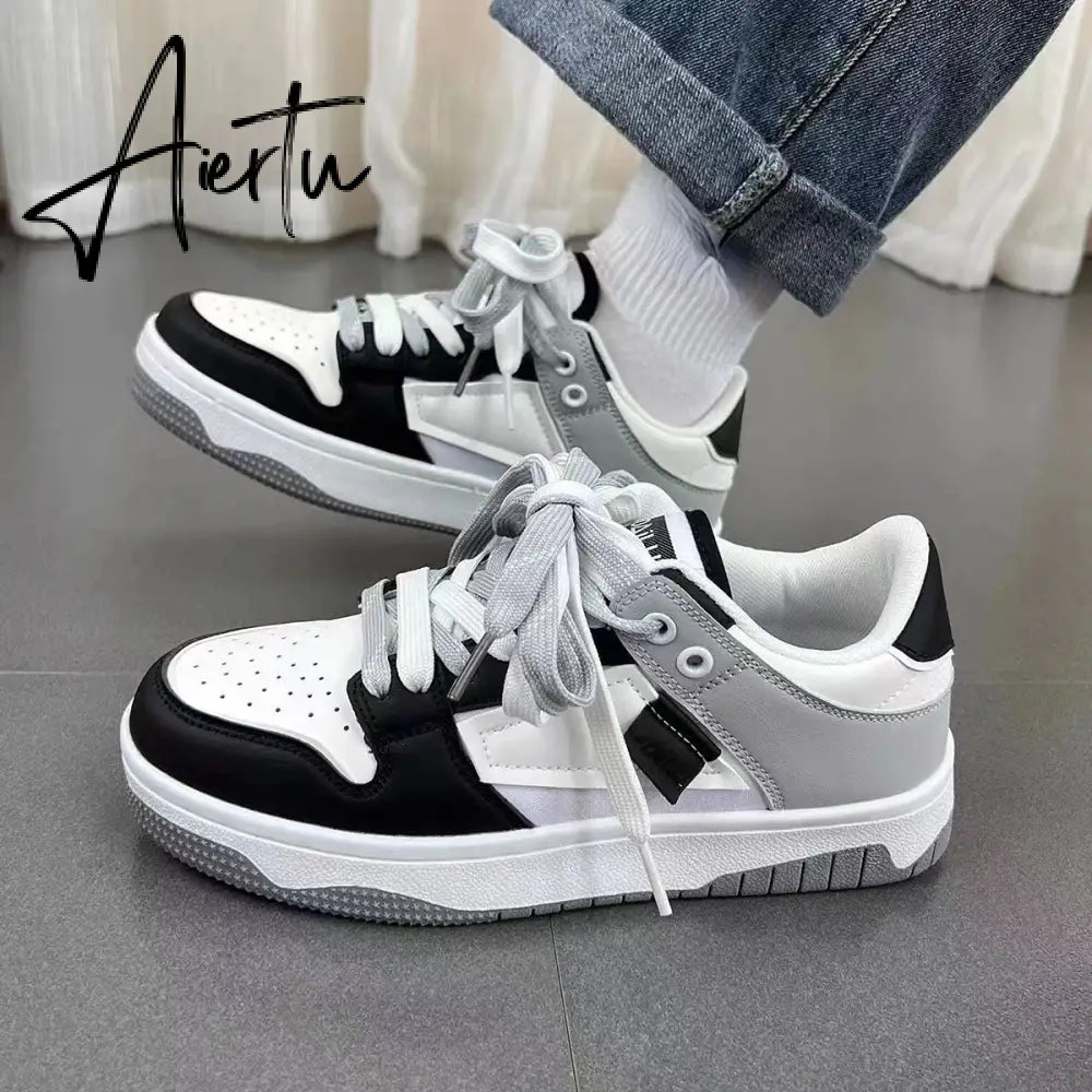 Women's Sneakers Spring New Fashion Student Breathable Leather Lace-up Thick-soled Loafers Casual Tennis Non-slip Sneakers Aiertu