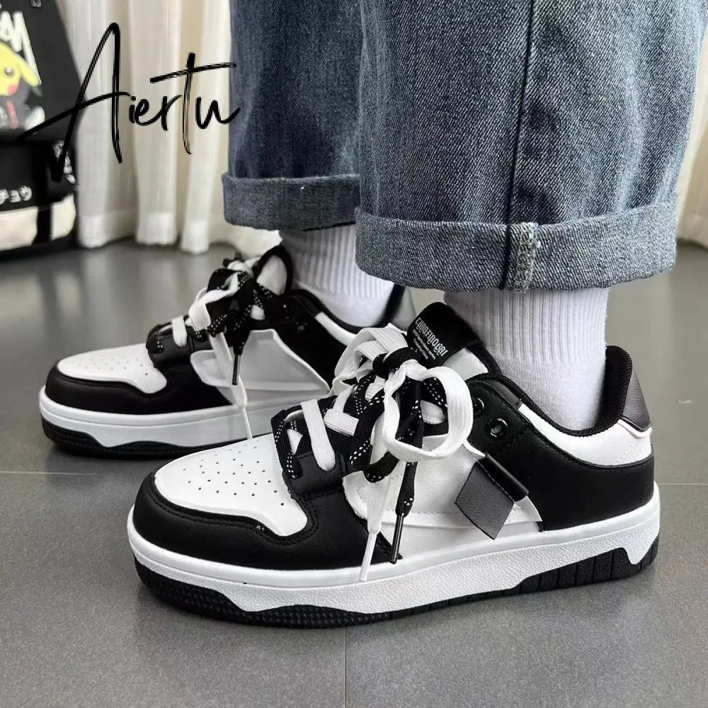 Women's Sneakers Spring New Fashion Student Breathable Leather Lace-up Thick-soled Loafers Casual Tennis Non-slip Sneakers Aiertu