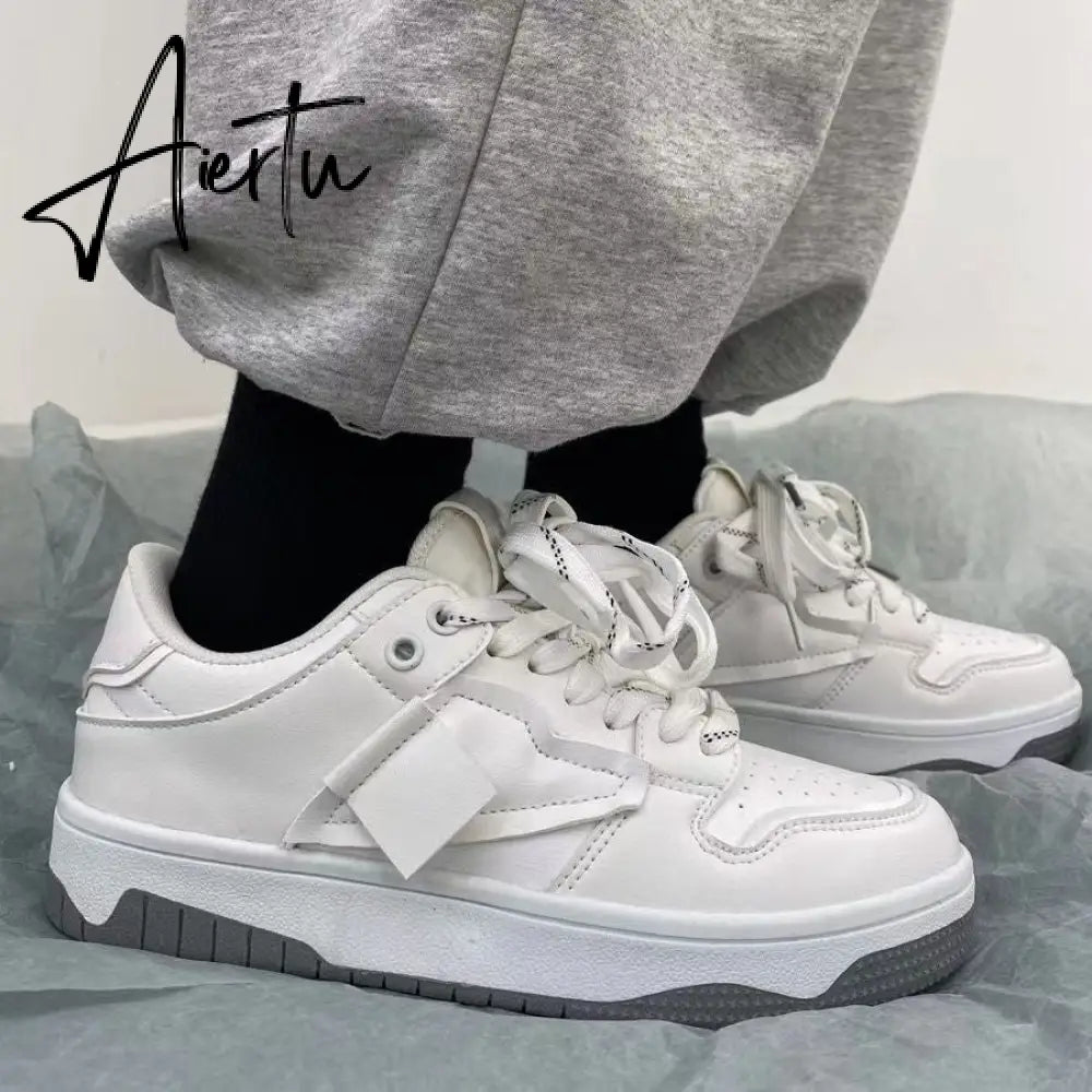 Women's Sneakers Spring New Fashion Student Breathable Leather Lace-up Thick-soled Loafers Casual Tennis Non-slip Sneakers Aiertu