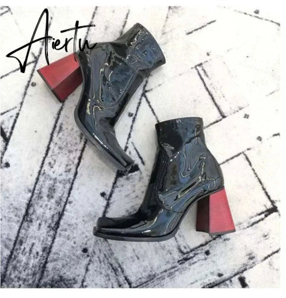 Womens Square Toe Ankle Boots Clear Transparent Crystal Flower Heel Retro Shoes Black Vintage Warm Winter Luxury Aiertu