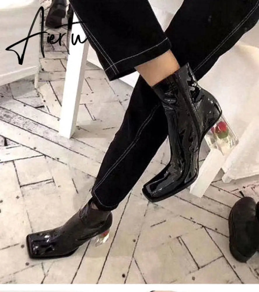 Womens Square Toe Ankle Boots Clear Transparent Crystal Flower Heel Retro Shoes Black Vintage Warm Winter Luxury Aiertu