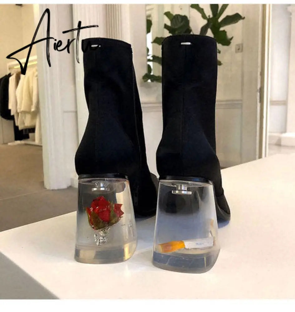 Womens Square Toe Ankle Boots Clear Transparent Crystal Flower Heel Retro Shoes Black Vintage Warm Winter Luxury Aiertu