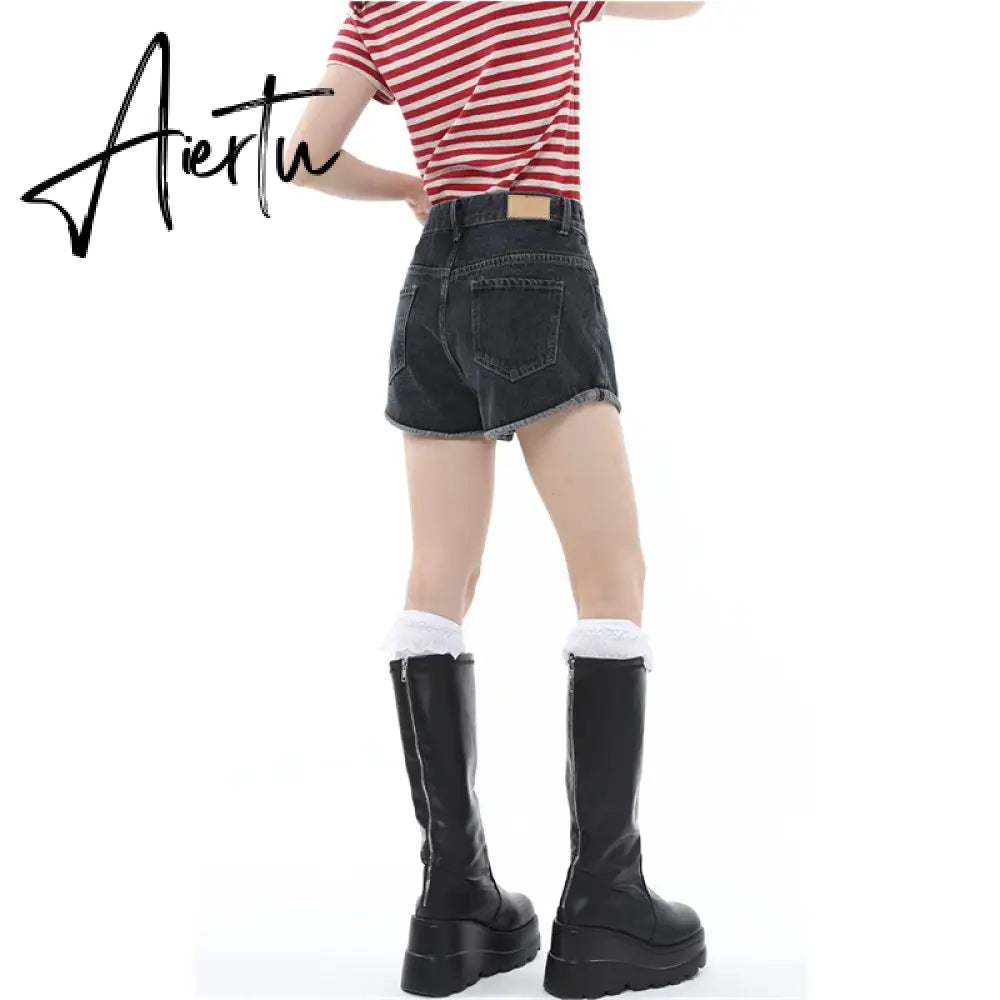 Women's Straight Shorts Jeans Black Hot Pants High Waist Europe America Street Summer Vintage Chic Design Denim Minipants Shorts Aiertu