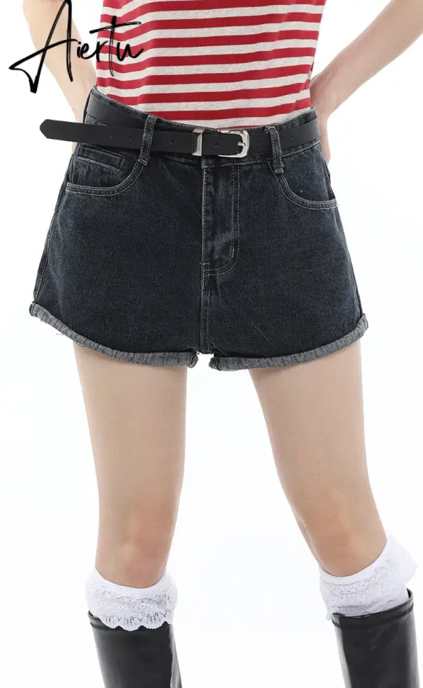 Women's Straight Shorts Jeans Black Hot Pants High Waist Europe America Street Summer Vintage Chic Design Denim Minipants Shorts Aiertu