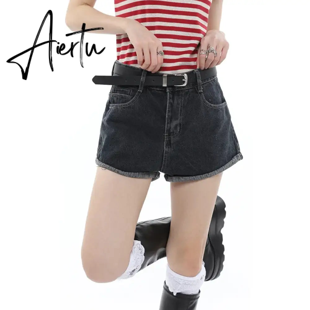 Women's Straight Shorts Jeans Black Hot Pants High Waist Europe America Street Summer Vintage Chic Design Denim Minipants Shorts Aiertu