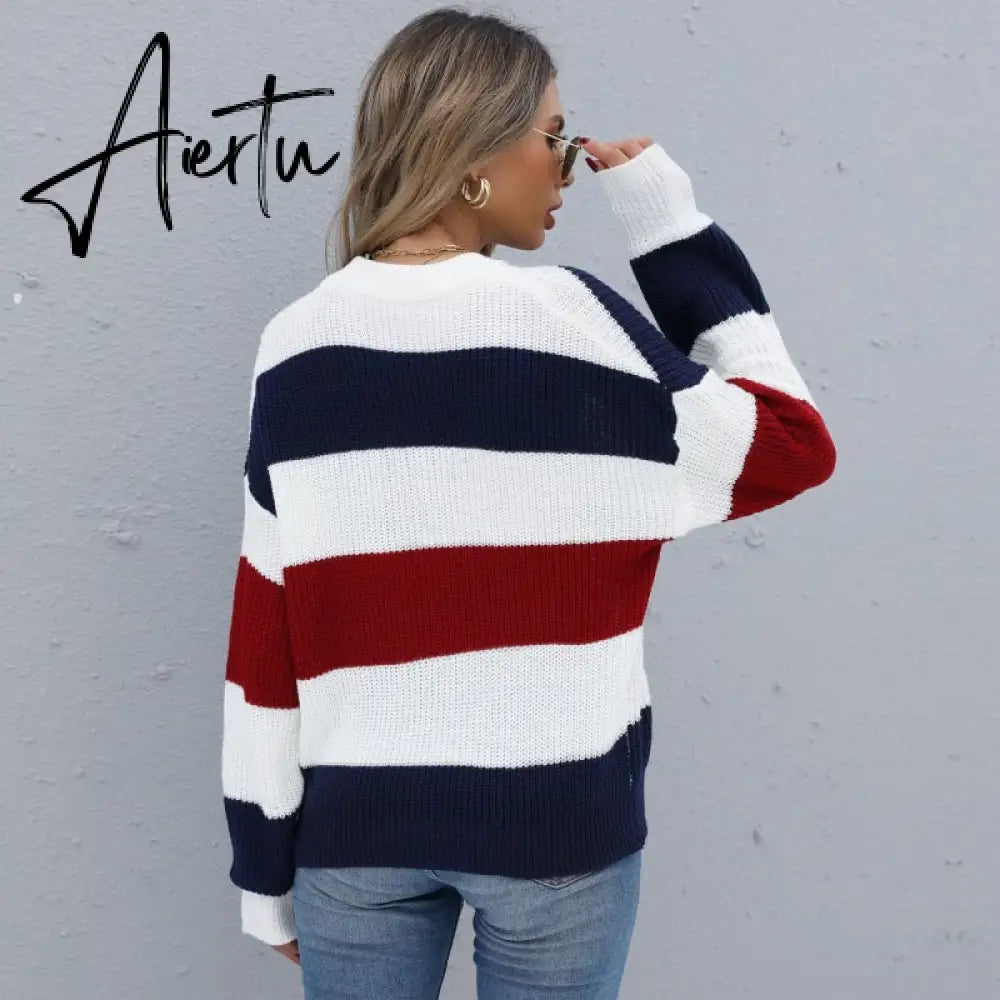 Women's Striped Sweaters Pull Femme Autumn Winter Clothes Women Jersey Pullover Long Sleeve Tops Knitted Sweater Jumper. Aiertu