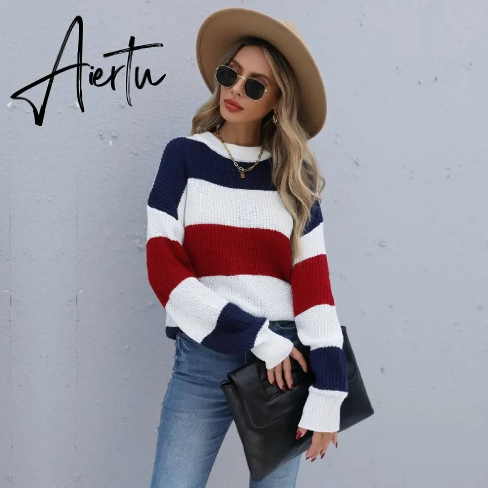 Women's Striped Sweaters Pull Femme Autumn Winter Clothes Women Jersey Pullover Long Sleeve Tops Knitted Sweater Jumper. Aiertu