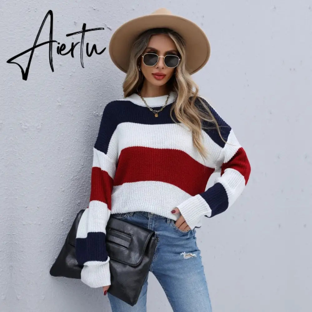 Women's Striped Sweaters Pull Femme Autumn Winter Clothes Women Jersey Pullover Long Sleeve Tops Knitted Sweater Jumper. Aiertu