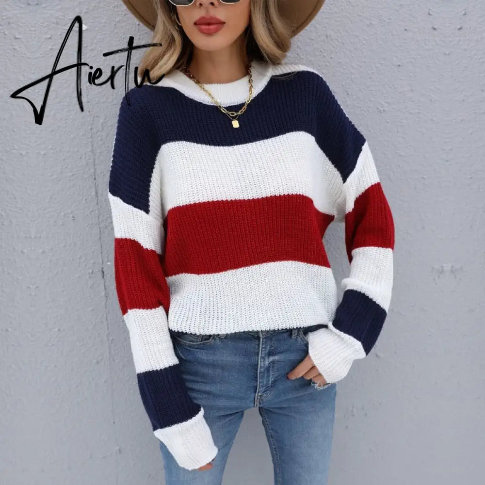 Women's Striped Sweaters Pull Femme Autumn Winter Clothes Women Jersey Pullover Long Sleeve Tops Knitted Sweater Jumper. Aiertu