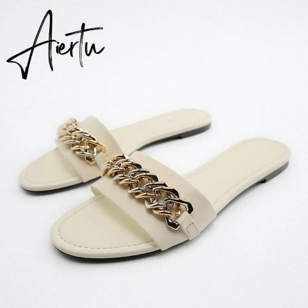 Women's Summer Gold Kbot Flat Sandal Sexy Thin Straps Luxury Slippers Square Toe Flip Flops Casual Beach Flats Aiertu