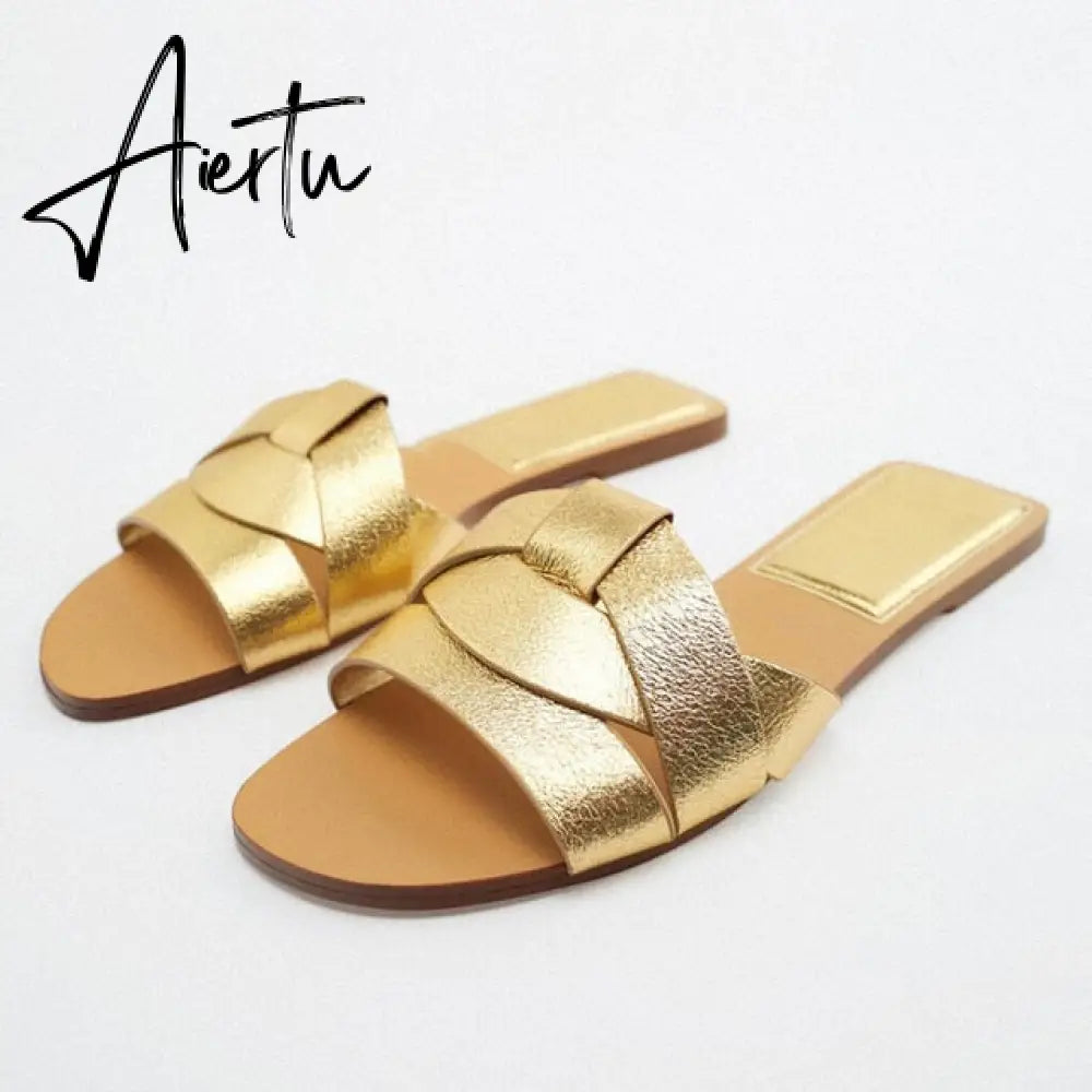 Women's Summer Gold Kbot Flat Sandal Sexy Thin Straps Luxury Slippers Square Toe Flip Flops Casual Beach Flats Aiertu
