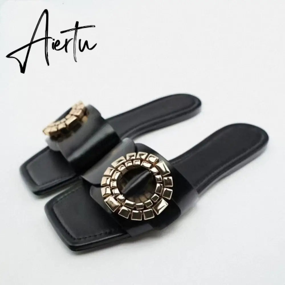 Women's Summer Gold Kbot Flat Sandal Sexy Thin Straps Luxury Slippers Square Toe Flip Flops Casual Beach Flats Aiertu