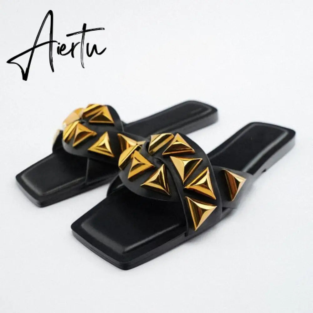 Women's Summer Gold Kbot Flat Sandal Sexy Thin Straps Luxury Slippers Square Toe Flip Flops Casual Beach Flats Aiertu