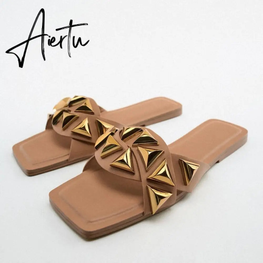 Women's Summer Gold Kbot Flat Sandal Sexy Thin Straps Luxury Slippers Square Toe Flip Flops Casual Beach Flats Aiertu