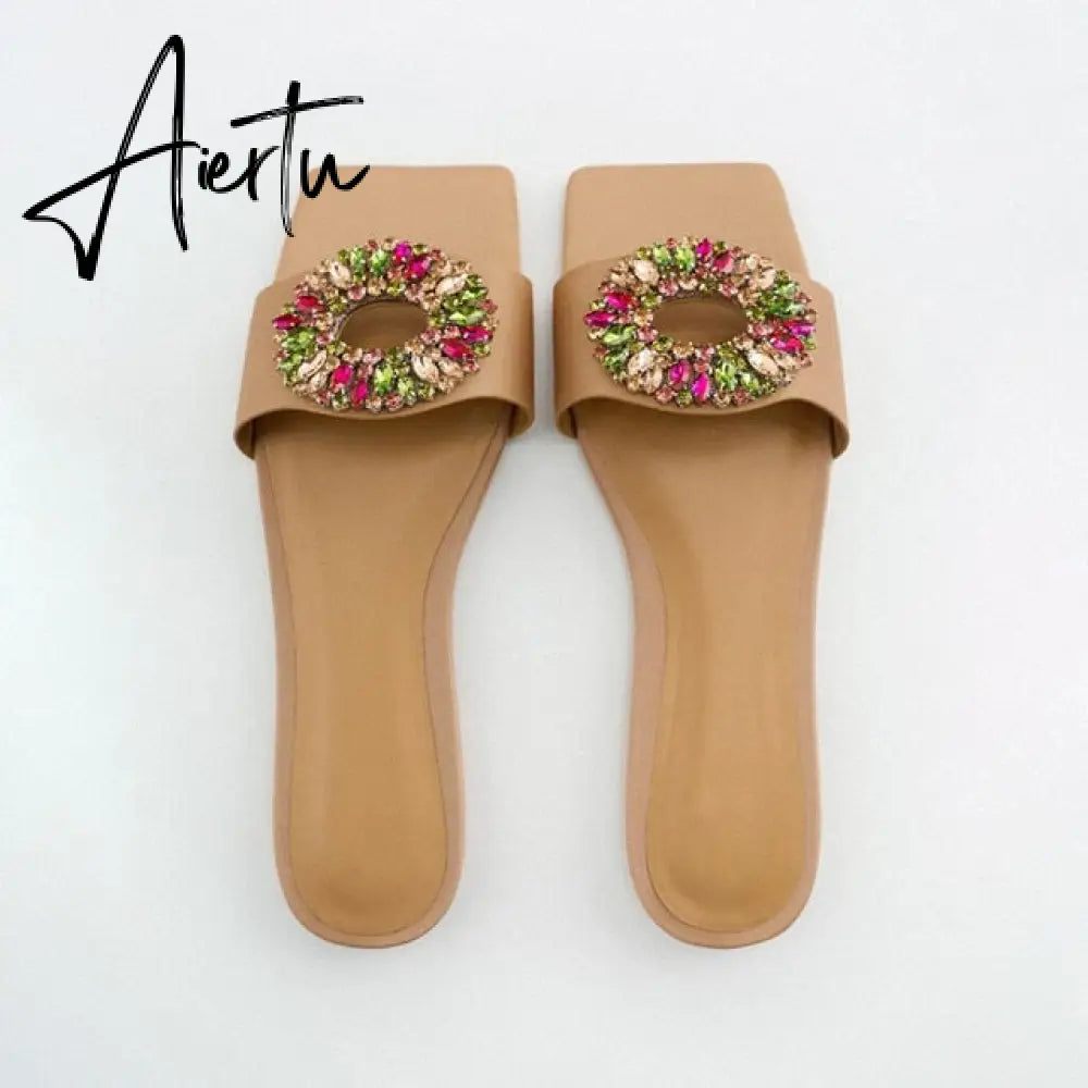 Women's Summer Gold Kbot Flat Sandal Sexy Thin Straps Luxury Slippers Square Toe Flip Flops Casual Beach Flats Aiertu