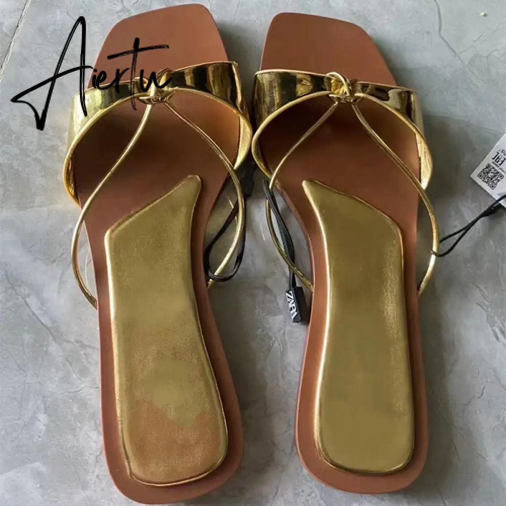 Women's Summer Gold Kbot Flat Sandal Sexy Thin Straps Luxury Slippers Square Toe Flip Flops Casual Beach Flats Aiertu