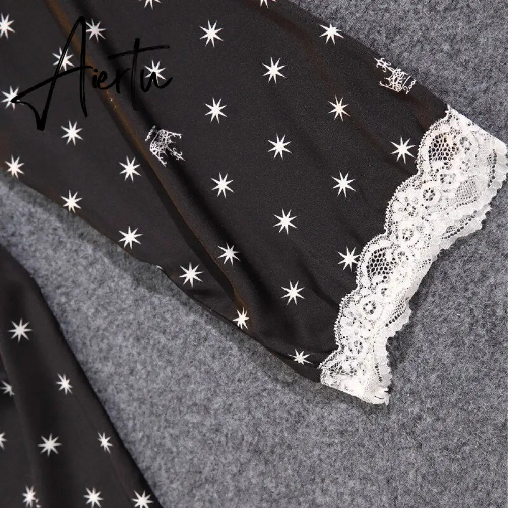 Women's Summer Two-piece Suit Pajamas Ice Silk Satin Thin Outwear Print Lace Pyjamas Home Suit for Women Clothes Aiertu