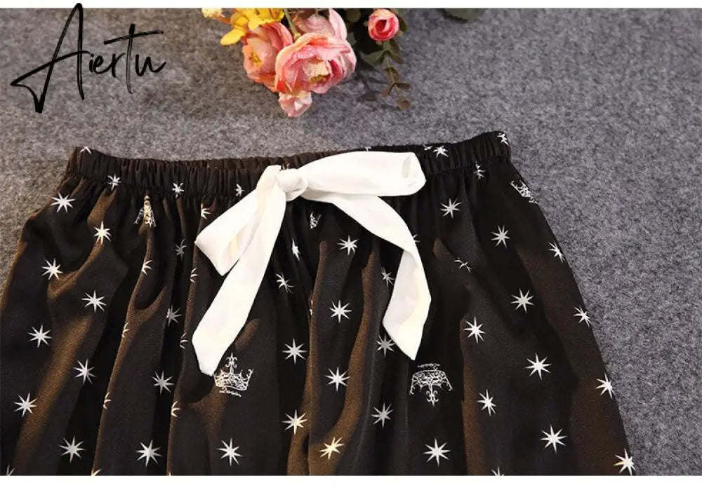Women's Summer Two-piece Suit Pajamas Ice Silk Satin Thin Outwear Print Lace Pyjamas Home Suit for Women Clothes Aiertu