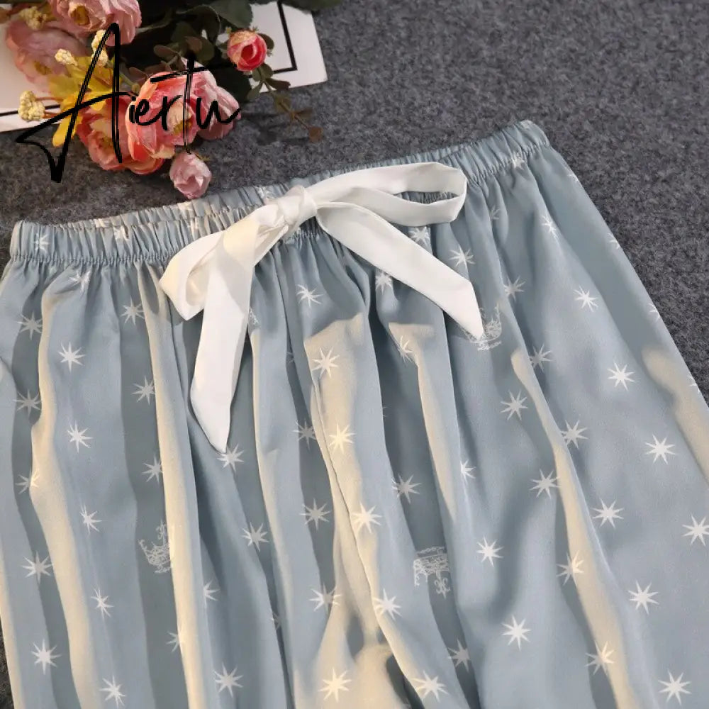 Women's Summer Two-piece Suit Pajamas Ice Silk Satin Thin Outwear Print Lace Pyjamas Home Suit for Women Clothes Aiertu