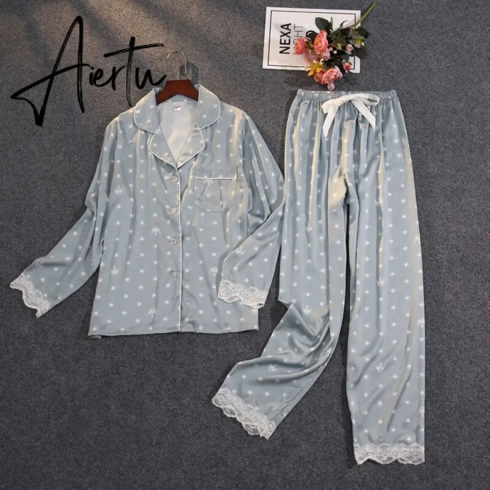 Women's Summer Two-piece Suit Pajamas Ice Silk Satin Thin Outwear Print Lace Pyjamas Home Suit for Women Clothes Aiertu
