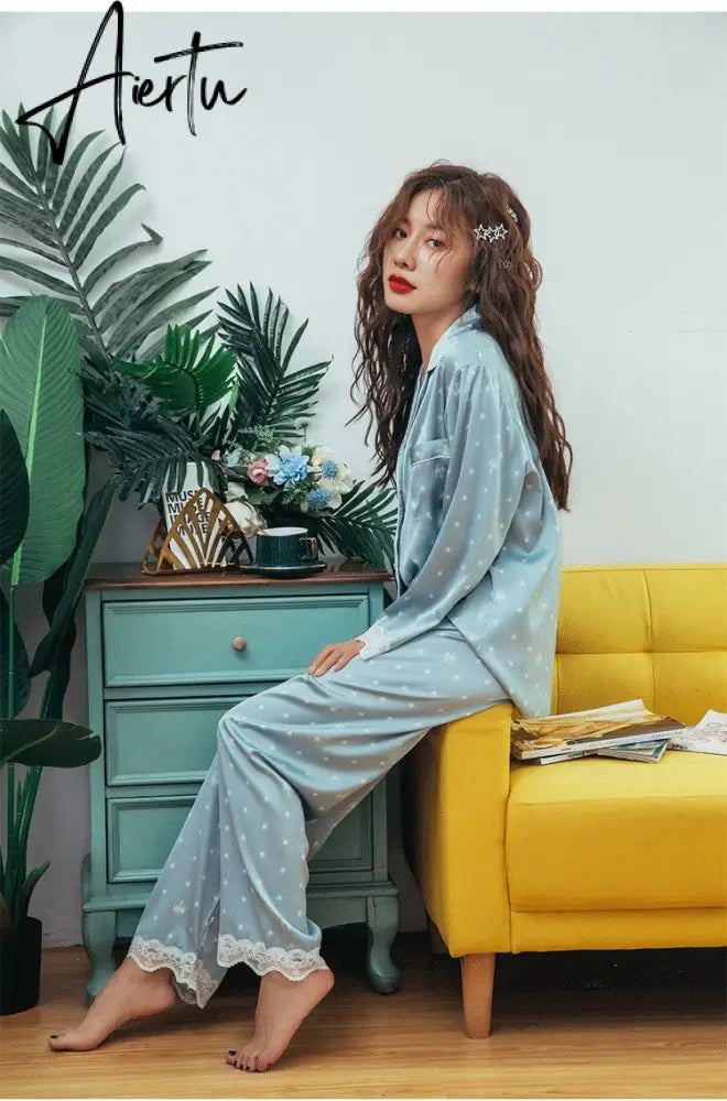 Women's Summer Two-piece Suit Pajamas Ice Silk Satin Thin Outwear Print Lace Pyjamas Home Suit for Women Clothes Aiertu