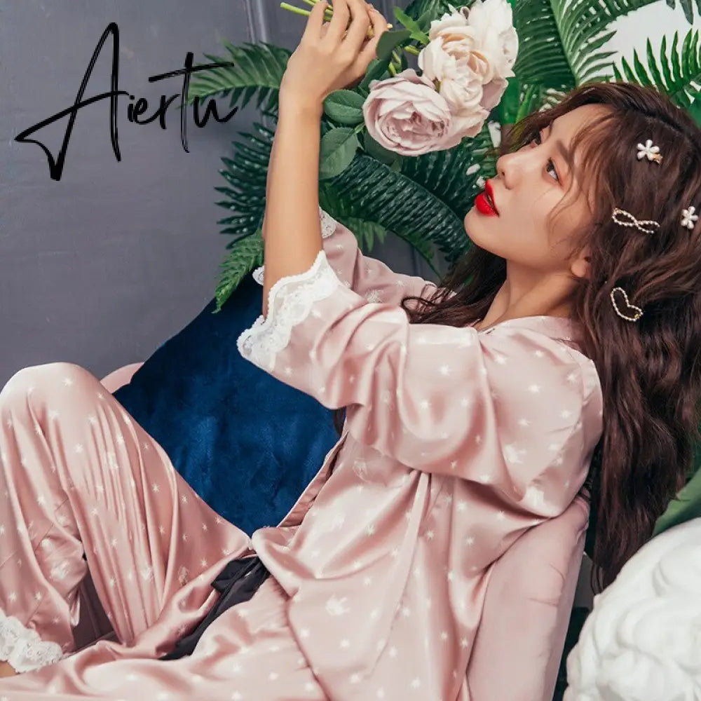 Women's Summer Two-piece Suit Pajamas Ice Silk Satin Thin Outwear Print Lace Pyjamas Home Suit for Women Clothes Aiertu