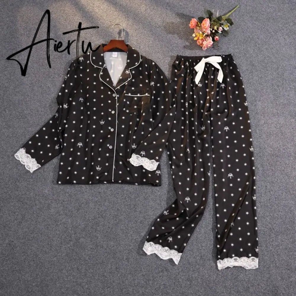 Women's Summer Two-piece Suit Pajamas Ice Silk Satin Thin Outwear Print Lace Pyjamas Home Suit for Women Clothes Aiertu