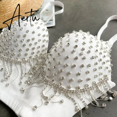 Women's Summer Vintage American Style Beading Tassel Camisole Party Grunge Slash Neck Backless Sleeveless Wiht Chest Pad Corset Aiertu