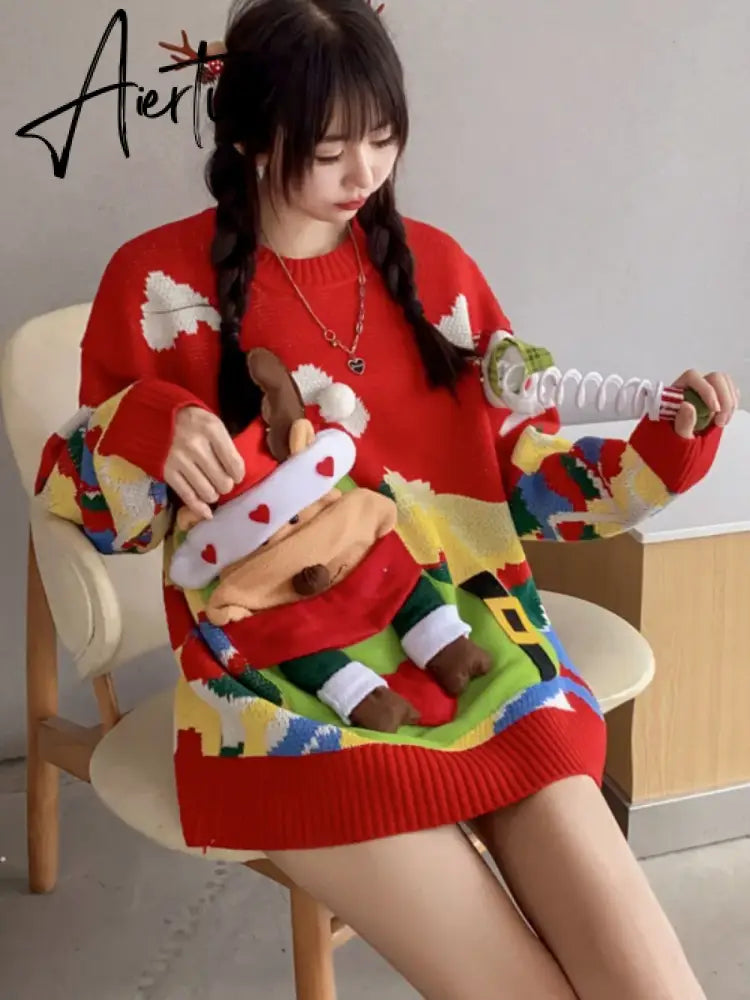 Women's Sweater Autumn/Winter New Christmas Elk Snowman O Neck Knitted Sweaters Tops Fashion Casual Loose Women Knit Pullovers New Year Aiertu
