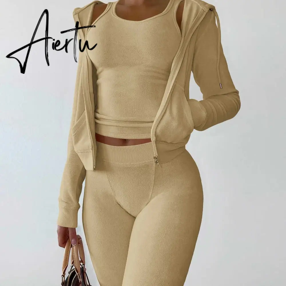 Womens Tracksuits Sets Fall Winter Zipper Jacket Cashmere Vest Hooded Pants Three Piece Set Outfit Conjuntos De Pantalones Aiertu