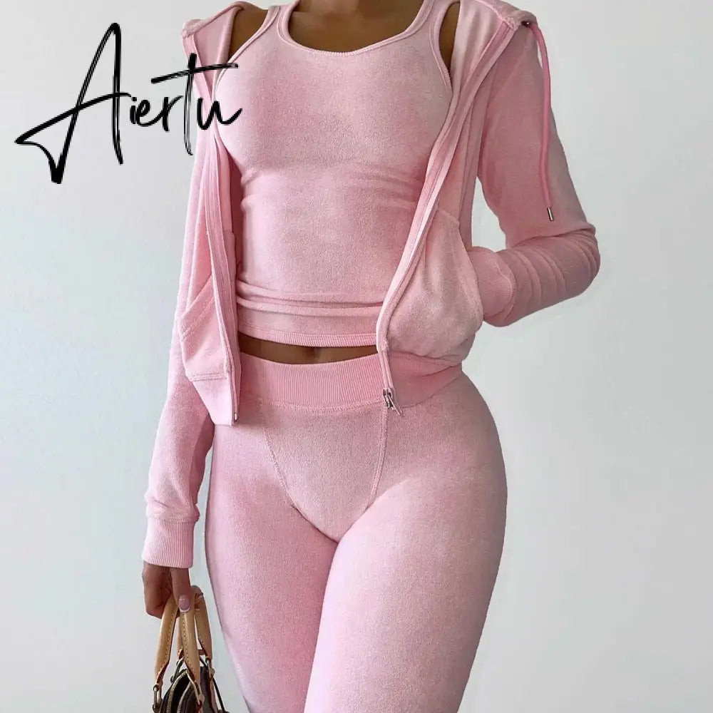 Womens Tracksuits Sets Fall Winter Zipper Jacket Cashmere Vest Hooded Pants Three Piece Set Outfit Conjuntos De Pantalones Aiertu