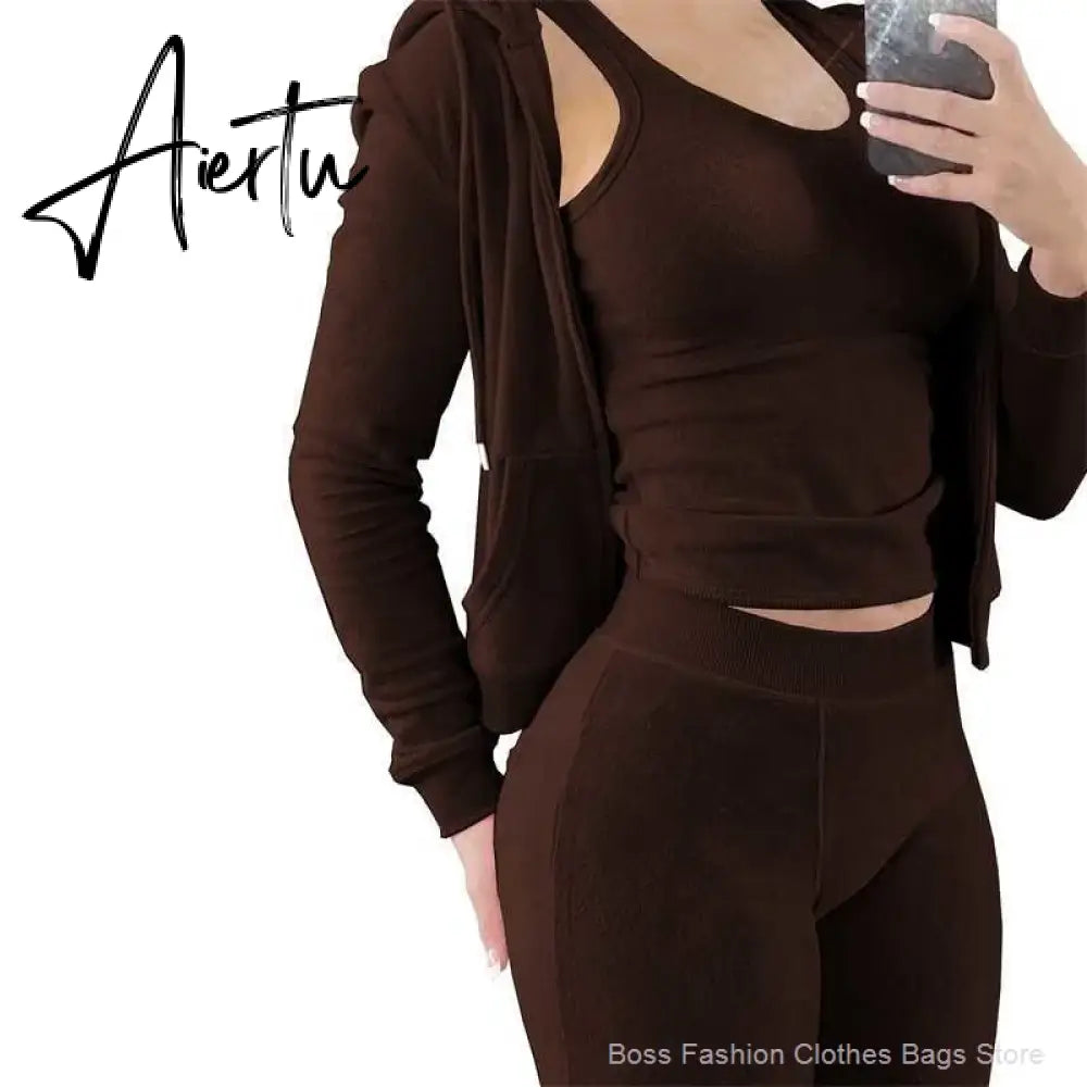 Womens Tracksuits Sets Fall Winter Zipper Jacket Cashmere Vest Hooded Pants Three Piece Set Outfit Conjuntos De Pantalones Aiertu