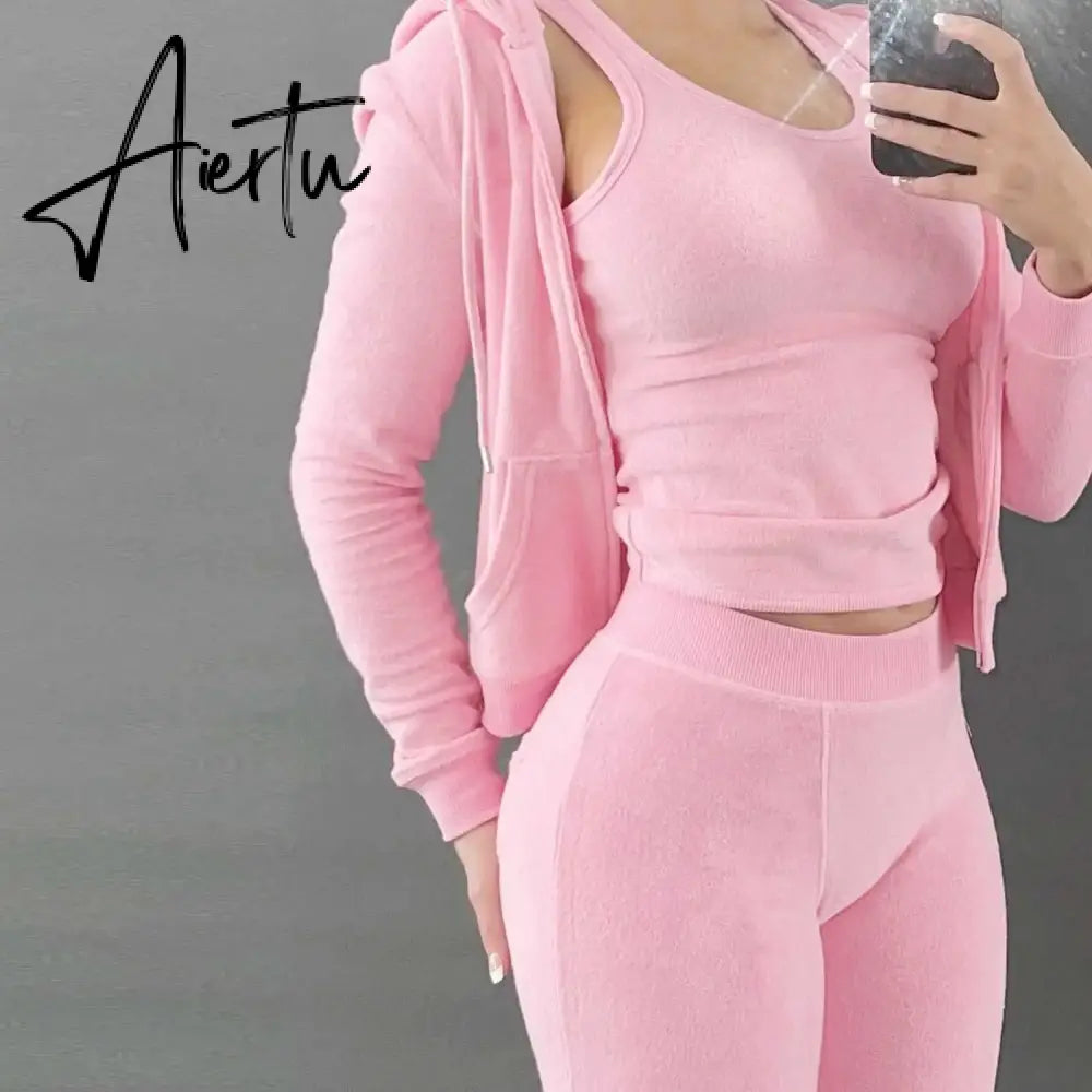 Womens Tracksuits Sets Fall Winter Zipper Jacket Cashmere Vest Hooded Pants Three Piece Set Outfit Conjuntos De Pantalones Aiertu