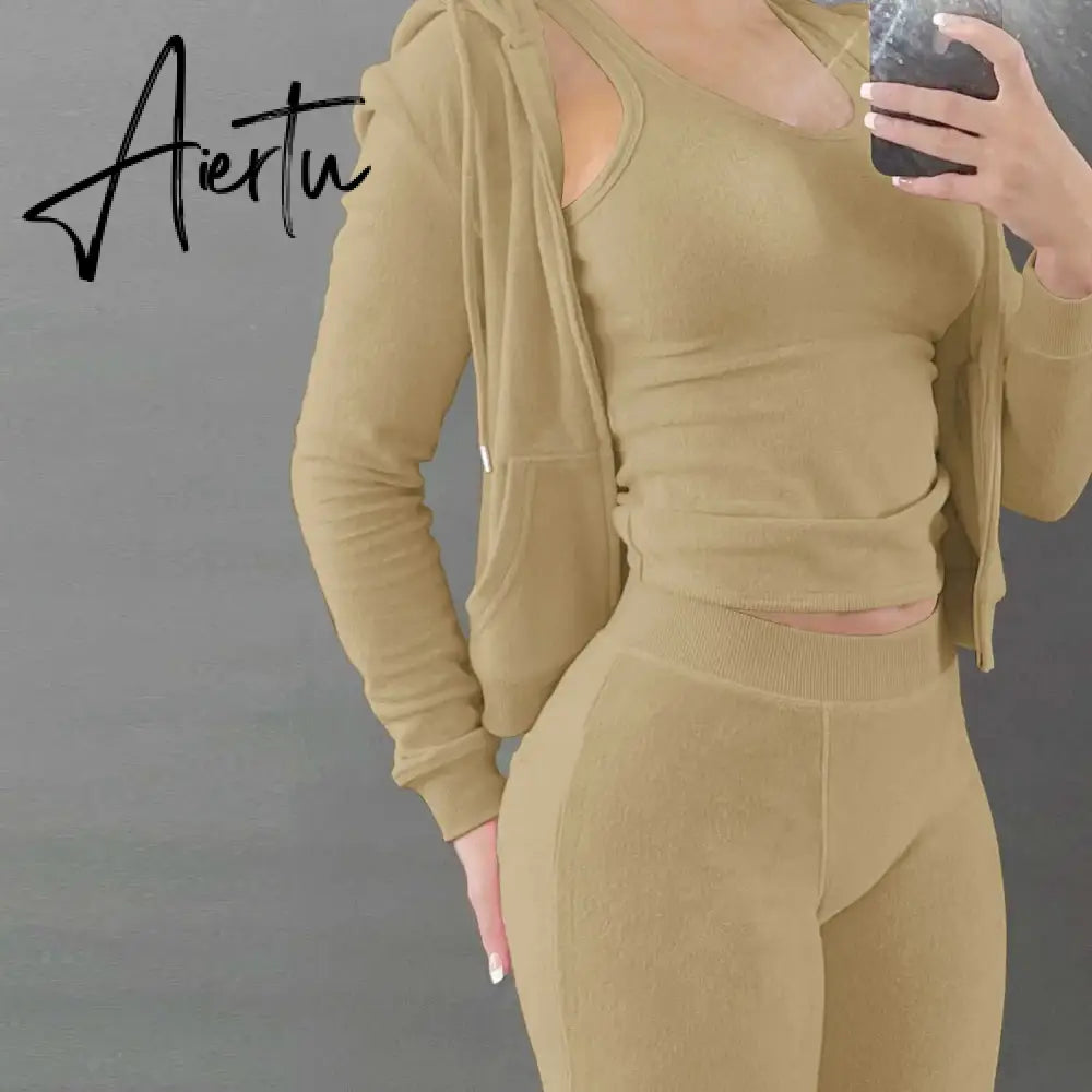 Womens Tracksuits Sets Fall Winter Zipper Jacket Cashmere Vest Hooded Pants Three Piece Set Outfit Conjuntos De Pantalones Aiertu