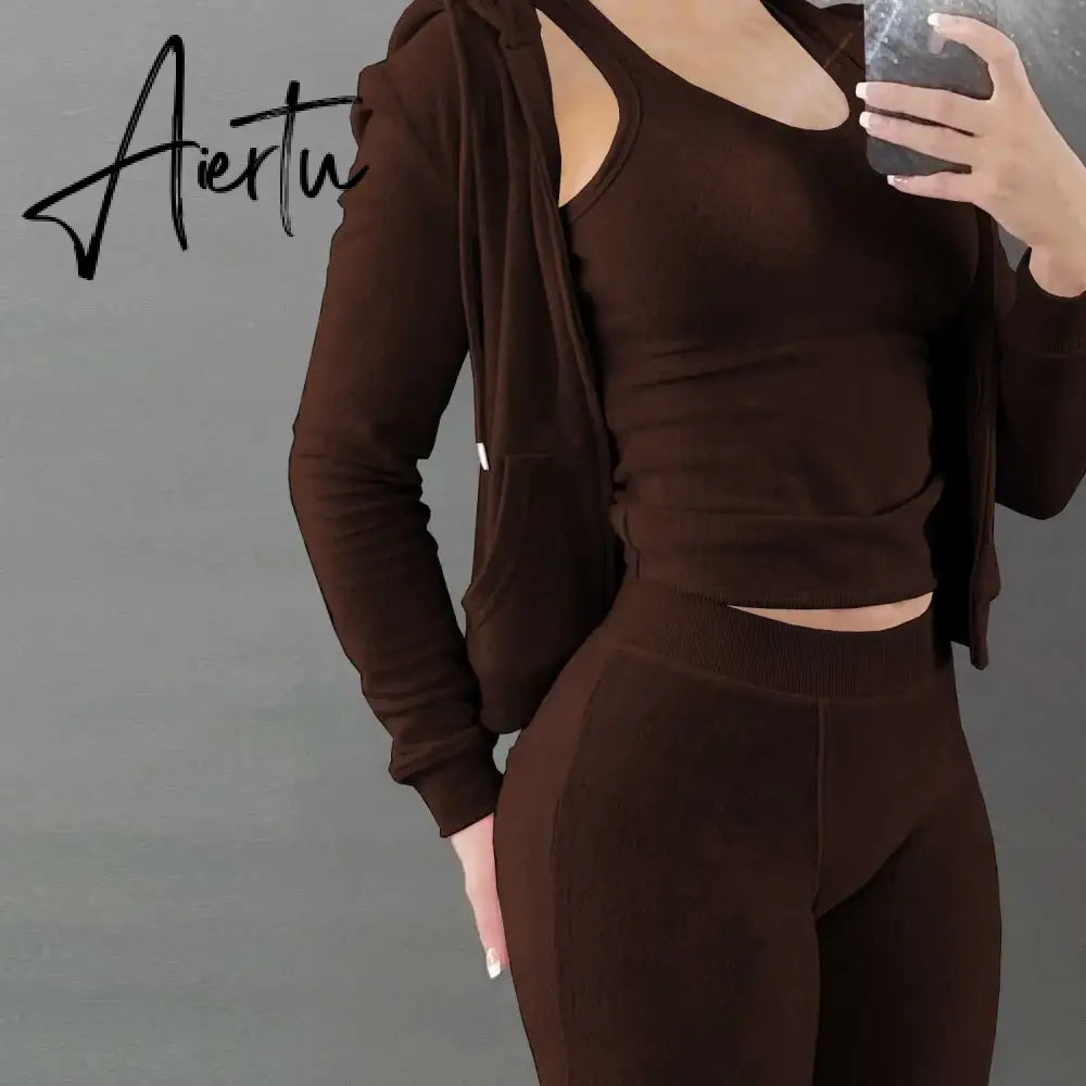 Womens Tracksuits Sets Fall Winter Zipper Jacket Cashmere Vest Hooded Pants Three Piece Set Outfit Conjuntos De Pantalones Aiertu