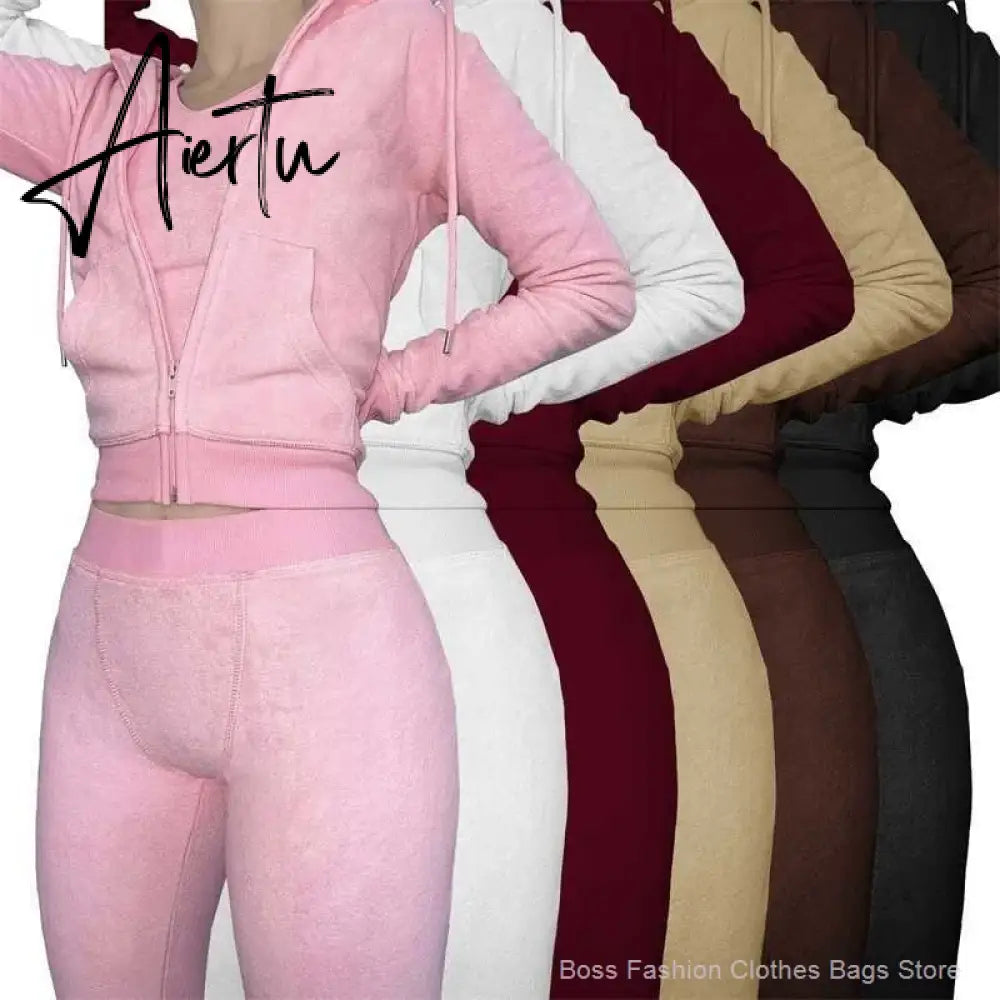Womens Tracksuits Sets Fall Winter Zipper Jacket Cashmere Vest Hooded Pants Three Piece Set Outfit Conjuntos De Pantalones Aiertu