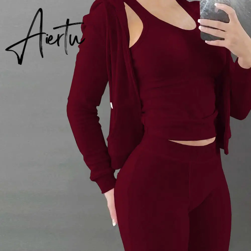 Womens Tracksuits Sets Fall Winter Zipper Jacket Cashmere Vest Hooded Pants Three Piece Set Outfit Conjuntos De Pantalones Aiertu