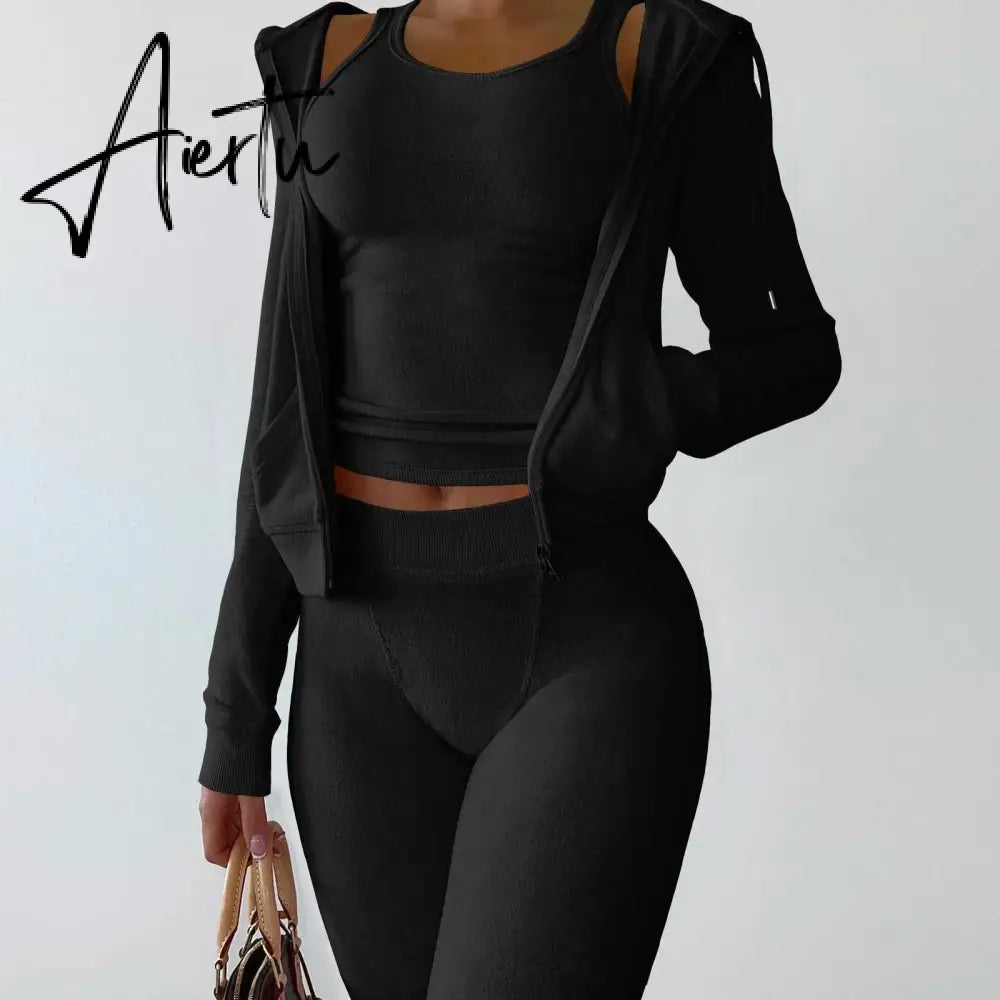 Womens Tracksuits Sets Fall Winter Zipper Jacket Cashmere Vest Hooded Pants Three Piece Set Outfit Conjuntos De Pantalones Aiertu