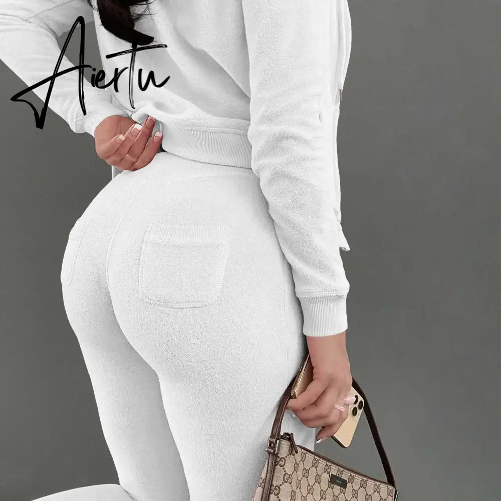 Womens Tracksuits Sets Fall Winter Zipper Jacket Cashmere Vest Hooded Pants Three Piece Set Outfit Conjuntos De Pantalones Aiertu